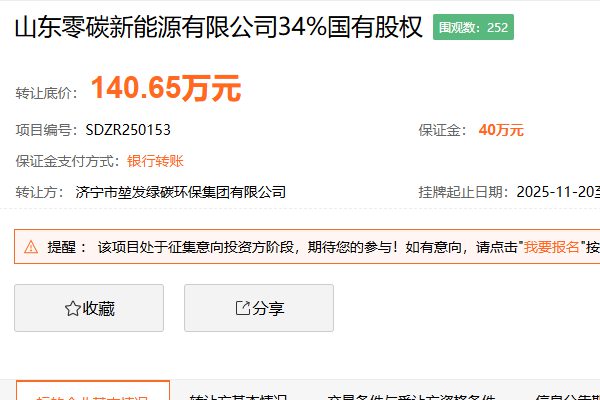 山東零碳新能源有限公司34%國有股權(quán)掛牌轉(zhuǎn)讓